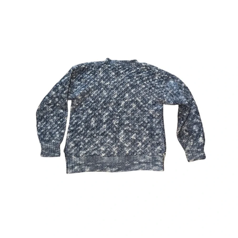 Handmade Crochet Sweater unisex XL Blue/Gray White Speckled V-Neck Pullover cozy